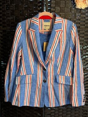 Boden Marylebone Red, White & Blue Striped Linen Blazer US Size 10